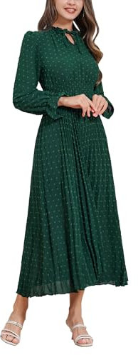 IDOPIP Women Fall Midi Dress Swiss Dot Long Sleeve Elegant Casual Flowy A-Line Dresses High Waisted Green XL