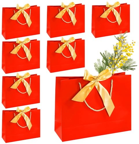 8 Pezzi Sacchetti Regalo con Fiocco, Rosso Buste Regalo con Manico Sacchetto Regalo per Compleanno, Nozze, Festa, Valentino, Natale, 32 x 25 x 11 cm