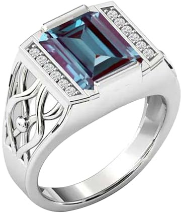 GEMS VIBES 925 Sterling Silber Vintage Alexandrit Ring Heiligenschein Verlobungsring für Männer Siegelring Statement-Ring Smaragdschliff Farbwechsel Alexandrit Ring Bestes Geschenk für Ihn