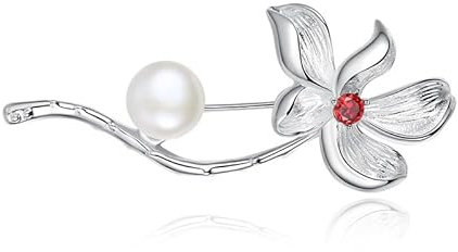 S925 Sterling Silber Lotusblatt Brosche Set Rubin Perle Blume Pin Damen Anzug Cheongsam Smoking Corsage Zubehör, 4.8CM, Sterling-Silber Perle Aus Sterlingsilber Rubin Perle