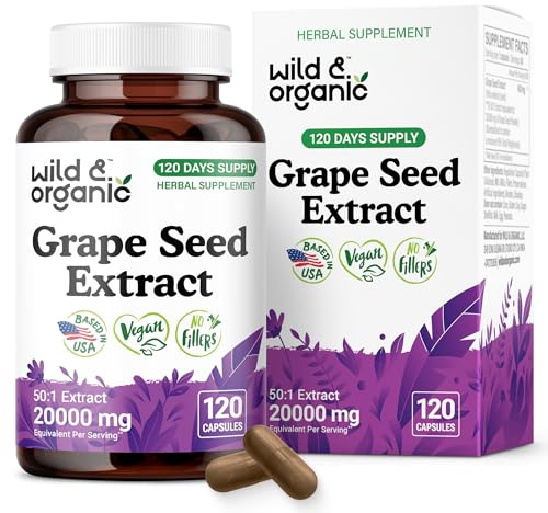 Wild & Organic Grape Seed Extract Capsules - Antioxidant Support - Grapeseed Extract 400 mg - 95% Polyphenols - 120 Vegan Capsules - 4 Month Supply - Non-GMO