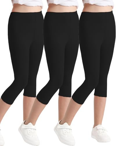 Domee Mädchen 3/4 Leggings Caprihose Sommer Baumwolle Sport 3er-Pack Schwarz 134-140 (Herstellergröße 140)