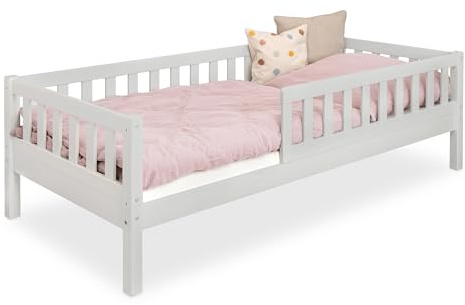Ehrenkind® Kinderbett Lille | Kinderbett 90x200 cm mit abnehmbaren Rausfallschutz aus Massivholz FSC® zertifziert| Jugendbett 90x200 Hellgrau