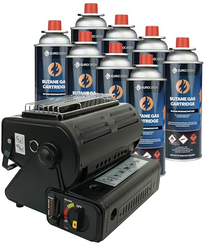 Eurocatch Radiateur soufflant & réchaud à gaz - incl. 8 bouteilles de gaz - Cuisinière à gaz - Chauffage - Réchaud de camping - Chauffage de terrasse - Brûleur - Plaque vitrocéramique