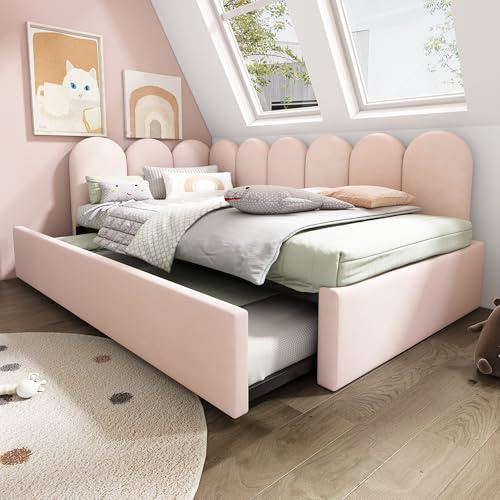TIZZ Cama tapizada de 90 x 200 cm, sofá cama nido 90 x 190 cm, cama infantil con somier de láminas, terciopelo rosa, sin colchón