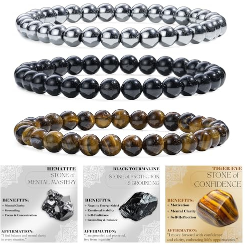 Bivei 3 Pezzi 6mm Bracciale Donna - Ematite, Tourmalina Nera, Occhio di Tigre - Bracciali con Elastico con Pietre Naturali, Gioielli con Perline Fatto a Mano per Yoga, Meditazione, Protezione e Regalo