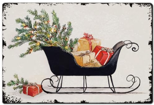 SUPERDANT Blechschild Weihnachtsschlitten Blechschilder Geschenkbox Metallschild Vintage Dekoration Weihnachtsschild Dekorativ Für Zuhause Wohnzimmer Schlafzimmer Café Club Wandkunst Für Festivals