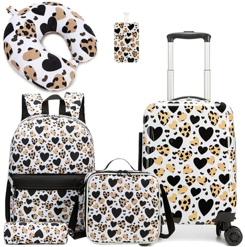 HTgroce 5tlg Kinderkoffer mit Rucksack,Nackenkissen, Lunchtasche,Federtasche & Kofferanhänger, Mädchen Kinder Mini Koffer Trolley Hartschalenkoffer Kids Suitcase
