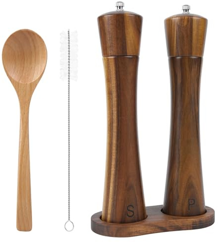 Salt Pepper Grinder|Salt and Pepper Grinder Set Wooden| 2 Piece Acacia Wooden Salt & Pepper Mills with Tray Spoon and Brush, Pepper Mills Shaker Rotor Grinders 10Inch, Brown