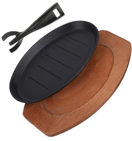 Lurrose Plat à Steak Fonte avec Rainures Plaque de Cuisson Fajita Résistante et Poêle Antiadhésive pour Barbecue Intérieur et Repas Famille