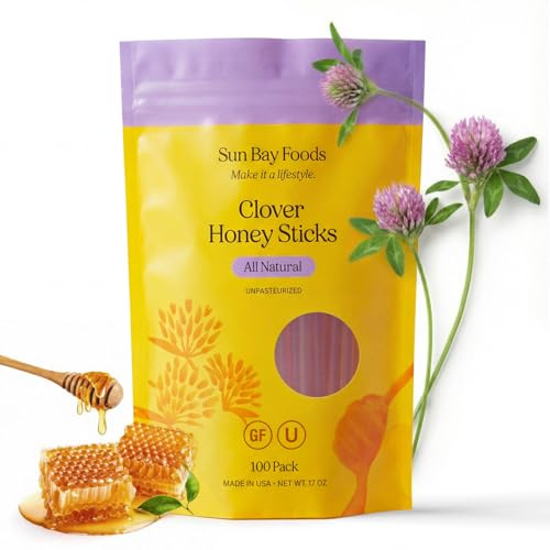 SBO Honey Sticks - 100 Count of Raw Unfiltered Non-GMO Single Serve Pure Honey Stick Packets for Tea and Snacks - Made in the USA