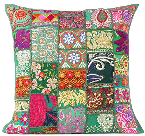 Eyes of India - de Colores Patchwork Almohada Decorativa Sofá Funda de Cojín Sofá Manta Indio Bohemia de Colores Bohemio Cubierta - Verde Oscuro, 16 X 16 in. (40 X 40 cm)