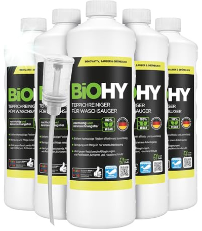 BiOHY Mattvättare för dammsugare (6 x 1l flaska) + doser | lämplig för alla dammsugare | avlägsnar enkelt fläckar | Rengöring och skötsel i bara ett steg (Waschsauger)