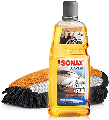 detailmate Auto Schaum Wasch Versiegelung Set: SONAX Xtreme Foam and Seal - Schaumversiegelung 1 Liter + professioneller 3in1 Mikrofaser Waschhandschuh