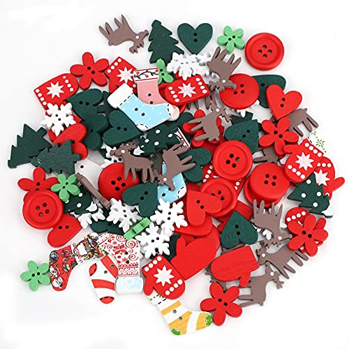 100 Stück Weihnachten Holzknöpfe Nähen Handwerk Knöpfe Mini Weihnachtssocken Schneeflocke Herz Weihnachtsbaum Gemischte Muster für DIY Scrapbooking Knöpfe Weihnachtsdekoration