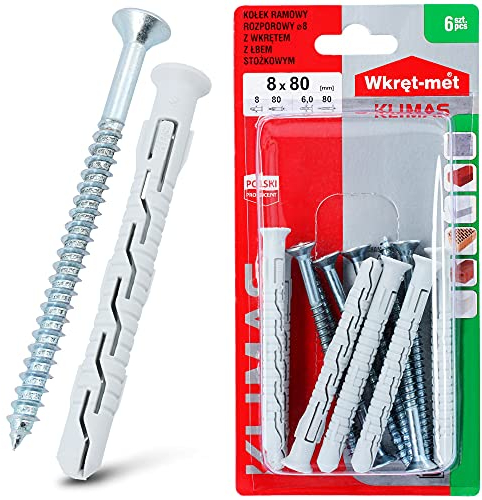 KLIMAS® Lot de 6 chevilles à frapper Ø 8 mm x 80 mm avec vis à tête fraisée PZ-3 | Jeu de vis à clou pour béton cellulaire chevilles en acier inoxydable | béton, brique, bois, etc