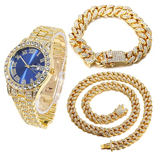 HALUKAKAH Diamante Reloj Oro, Hombres Chapado Oro Real 18K 42MM Ancho Esfera Azul Cuarzo Pulsera 24cm con Enlace Cubano Cadena 20+45cm Collar Pulsera Juego, con Caja de Regalo