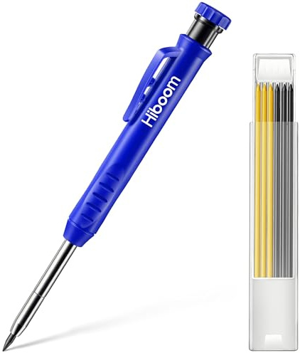 Hiboom Set de Crayon Menuisier Solide pour Construction avec 7 Taille-Crayon Intégré à Fils Gris Jaune, Marqueur Porte-Mine Trou Profond Long Nez Outil Marquage Traceur (Bleu)