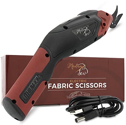 Madam Sew Electric Scissors for Fabric Cutting, Heavy Duty Cordless Shears with USB Rechargeable Battery, Trigger Operation and Non-Slip Grip Cuts Denim, Wool, Leather - Replacement Blades Available