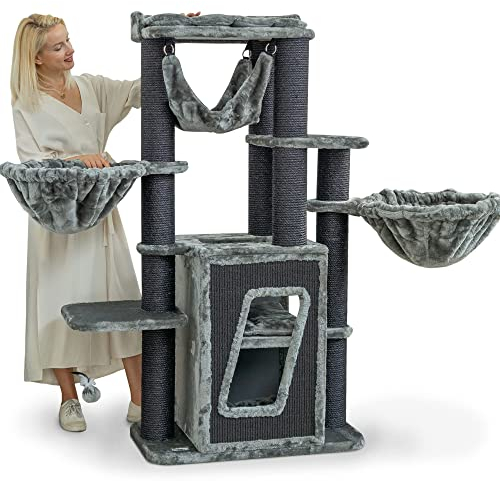 HAPPYPET Kratzbaum stabil 'Pepper' 157 cm - Premium XXL Katzenbaum für große Katzen mit Natursisal, Maine Coon, Große Liegemulden & Katzenhaus mit Sisalteppich, 12 cm Stämme, Grau
