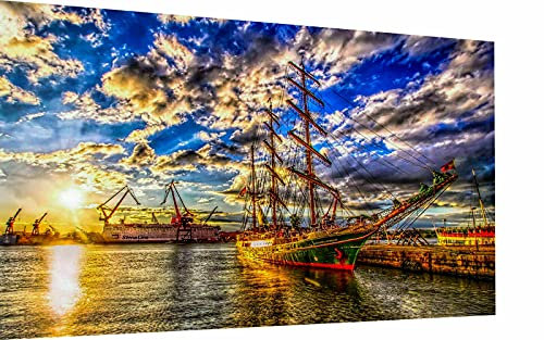 Magic Canvas Art - Bilder Skyline Hamburger Hafen altes Schiff Deutschland Leinwandbild 1- teilig Hochwertiger Kunstdruck modern Wandbilder Wanddekoration Design Wand Bild – A3640, Größe: 80 x 80 cm