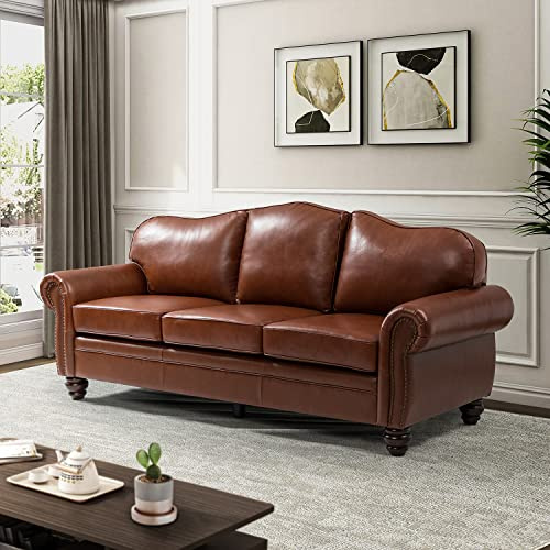 HULALA Home 81'' Genuine Leather Sofa with Nailhead Trim and Rolled Armrests, Mid-Century Modern Living Room 3-Seater Couch, Brown Couch with Removable Cushion for Bedroom Apartment