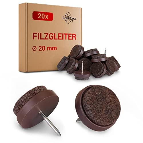 LouMaxx Stuhl Filzgleiter mit Nagel rund, Ø 20 mm Dunkelbraun - Stuhlgleiter mit 3mm dickem Filz - Filzgleiter für Stühle - Premium Stuhlbeinschoner Filz auch für Möbel 20 Stück