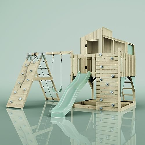 Rebo Outdoor Spielturm mit Wellenrutsche, Spielhaus aus Holz mit Kinderschaukel, Kletterwand, Kletternetz,Mintgrün