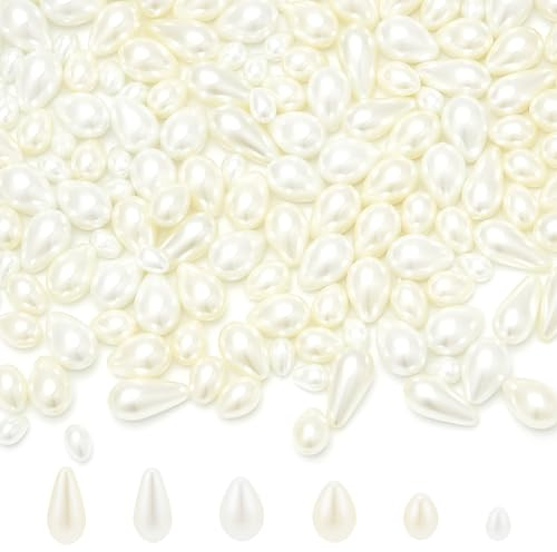 arricraft 160 Pcs Glass Pearl Beads, 2 Colors 4 Sizes Pearlized Luster Tear Drop Pearl Beads Satin Water Drop Pearl Beads Faux Pearl Beads for DIY Necklace Jewelry Making (White and Rice)