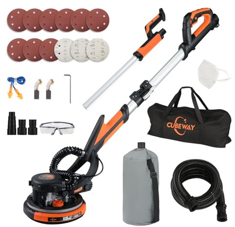 CUBEWAY Levigatrice Giraffa Professionale 750W con Sistema di Aspirazione Automatico, 7 Velocità (900-1800rpm), Pieghevole a Parete con Luce LED