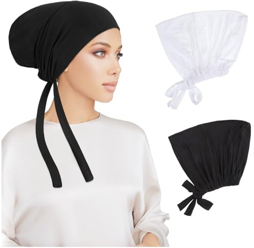 PHOGARY 2 Pcs Women Hijab Undercap, Islamic Muslim Under Hijab Cap Inner Under Scarf Hat Hijabcap with Tie Back Closure Solid Color Underscarf Hijabcap Turban Head Wraps for Women Chemo Sleep Cap (C)