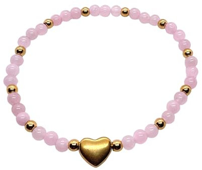 Steinfixx® - Rosenquarz Perlenarmband mit Messingherz und Messingperlen - Hochwertiges Edelsteinarmband handgefertigt inclusive edler Geschenkbox und Edelsteinkarte