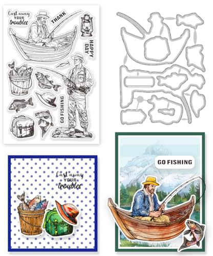 GLOBLELAND Transparente Stempel „Go Fishing“ Mit Mann Fisch Lampenrahmen Stanzformen Set Silikon Transparenter Stempel Metall Stanzungen Für Kartengestaltung Und DIY Prägungen Scrapbooking Basteln
