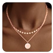 Ketten Roségold Halskette für Damen, Premium Sterling Silber 925 ketten Roségold Stapelbare Doppel LayeringKetten Halsketten mit Coin Wasserfest Runden Anhänger BohoKetten Schmuck für Damen Frauen