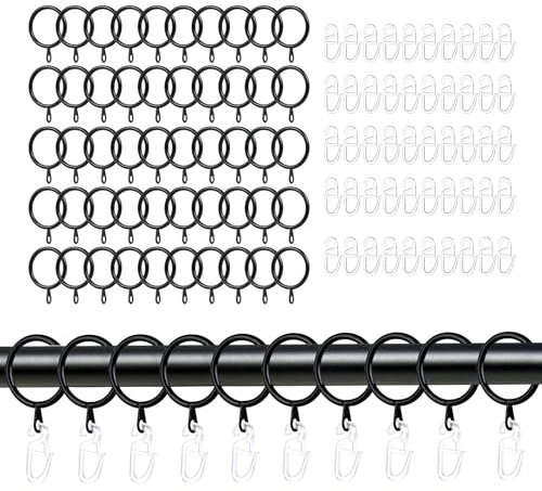 Hisdricus 50 Anillas Metálicas para Cortinas y 50 Ganchos de Plástico – Anillas para Cortinas de 30 mm – Anillas con Ganchos para Cortinas, Doseles y Cortinas de Ducha – Negro/Transparencia