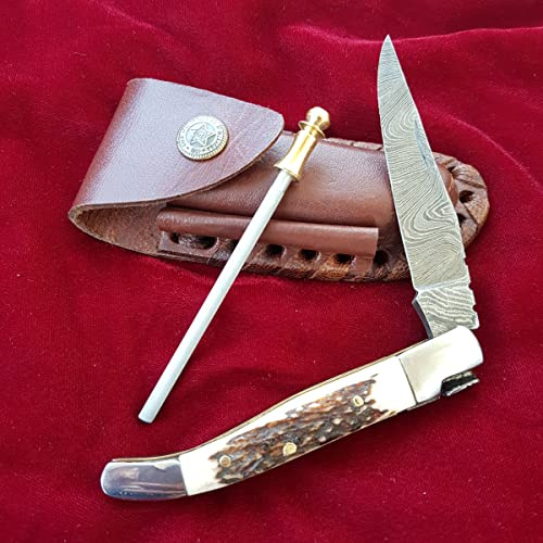 Craftomatik Coltello tascabile in acciaio damascato, coltello pieghevole Laguiole, corno di cervo, acciaio inox, manico in ottone, realizzato a mano, coltello damascato per esterni, FK03