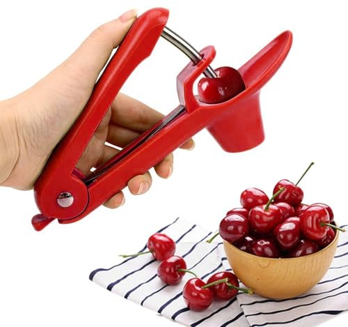 MEETOZ Cherry Pitter and Olive Core Removal Tool - Kitchen Gadget for Fruit Seed and Pit With Space-Saving Lock Design (Red)