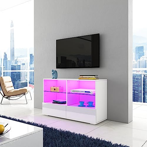Chebinsiti Corner TV Stand Cabinet White Gloss Modern TV Stand Unit 100CM with LED Lights, 4 Open Shelves and 2 Drawers TV Entertainment Cabinet for Bedroom Living Room Home Furniture