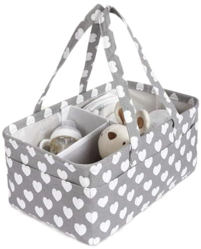 Wickeltasche, Wickelkorb aus Baumwolle, Kinderzimmer-Organizer, Auto-Reiseaufbewahrung, herausnehmbare Trennwände, 10 Seitentaschen, 3 Fächer, graue Herzen