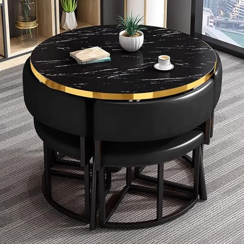 FAXJRU 35.4 Round Black Dining Table and 4 Chairs Set, Small Kitchen Dining Table Set, Modern Simple Tables and Chairs, for Kitchen,Office,Conference Room,Lounge Living Room(Black)