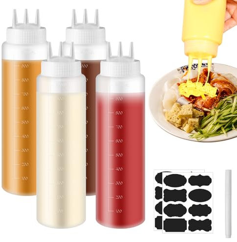 4 bottiglie da spremere da 1000 ml, con tappi, bottiglie da salsa, in plastica, con 3 beccucci, adesivi, con scala di misurazione per salse, ketchup e condimento per insalate