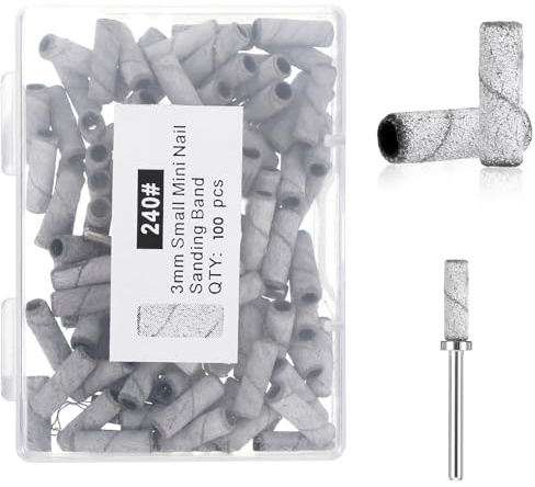 Tyqour 100 Pcs 240 Grit Small Sanding Bands for Nail Drill with 1 Pcs Mandrel Bit, Mini Nail Drill Sanding Bands for Acrylic Nails Gel Removing Shaping Professional Manicures and Pedicure, Grey