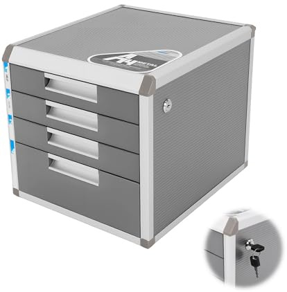 Aktenschrank 4-Schubladen abschließbar aus Aluminiumlegierung - Dokumentenbox für DIN A4 31.5x35x29.8cm -1 Große + 3 Kleine Fächer, MDF-Böden & 2 Schlüssel -Grau-Silber Bürokommode für Ordner/Urkunden