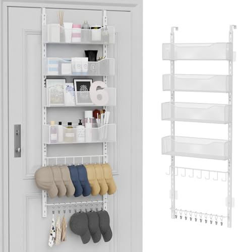 NEYCIL Über-der-Tür-Organizer, 2-in-1-Kleiderschrank-Organizer und Hutablage aus Metall mit 4 Verstellbaren Körben, 8 Haken, 10 Clips, Aufbewahrung hinter der Tür für Schlafzimmer, Badezimmer (weiß)