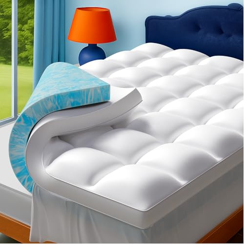 Airtree Queen Size Dual Layer 4 Inch Memory Foam Mattress Topper, 2 Inch Cooling Gel Memory Foam and 2 Inch Washable Soft Pillow Top Mattress Pad Cover, 8-24 Inch Deep Pocket, Medium Firm Support