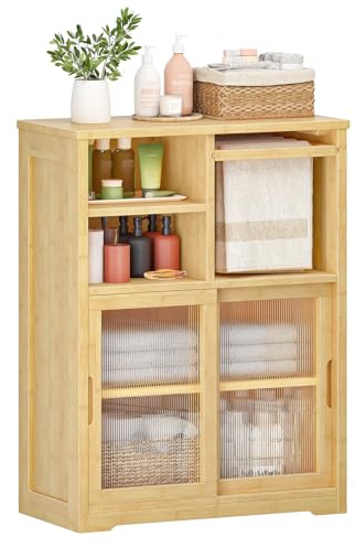 HOOBRO Bathroom Floor Cabinet, Small Bathroom Cabinet with 2 Doors, Floor Storage Cabinet, Bamboo Organizer Cabinet with Adjustable Shelves for Living Room, Dining Room, Entryway, Natural