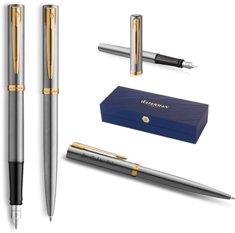 Waterman Impression Juego de bolígrafos y plumas estilográficas con grabado, pluma premium personalizada, elegante juego de escritura para hombres y mujeres, tinta azul (Stainless Steel GT)