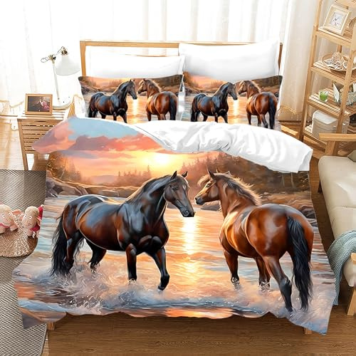 Ropa de cama con diseño de caballos, 3D con cremallera, ropa de cama de microfibra muy suave y agradable, 3 piezas, funda nórdica de 135 x 200 cm y 2 fundas de almohada de 80 x 80 cm (caballo 6, 135 x
