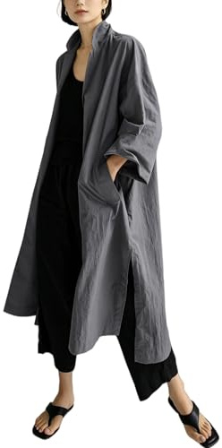 Womens Long Linen Blazer Jackets Slouch Open Front Coatigan Elegant Cotton Linen Shirt Dress with Side Slit Ladies Longline Cardigan Lightweight Duster Trench Coat