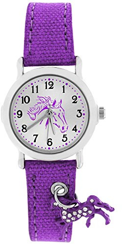 Crystal Blue - Orologio per Bambini con scintillante ciondolo a forma di cavallo, cinturino in tessuto, orologio analogico al quarzo da bambina, violetto/ lilla, 20016